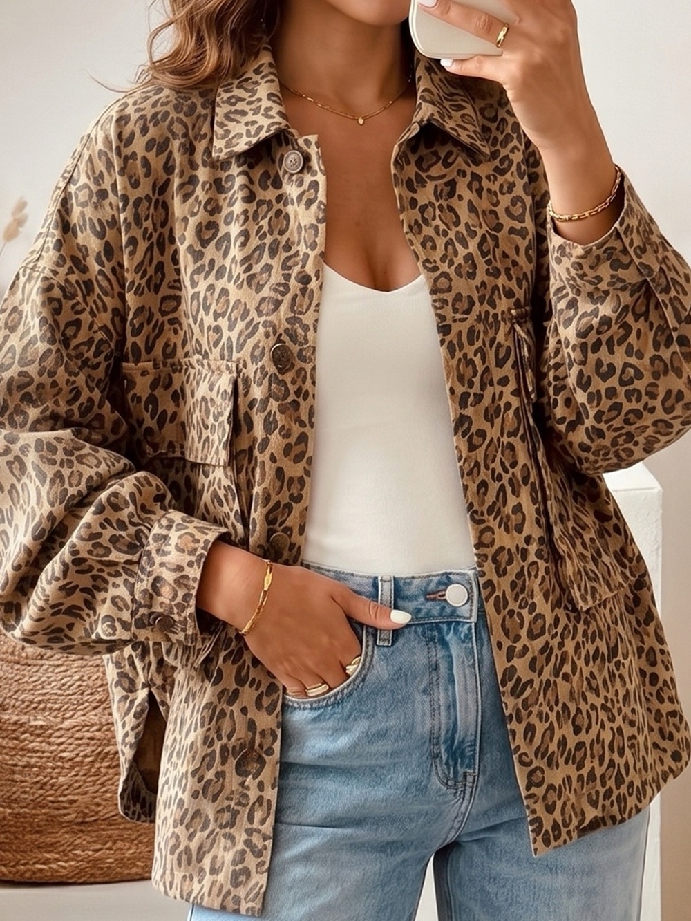 Leopard Print Oversized Cotton Denim Jean Shacket - Brown